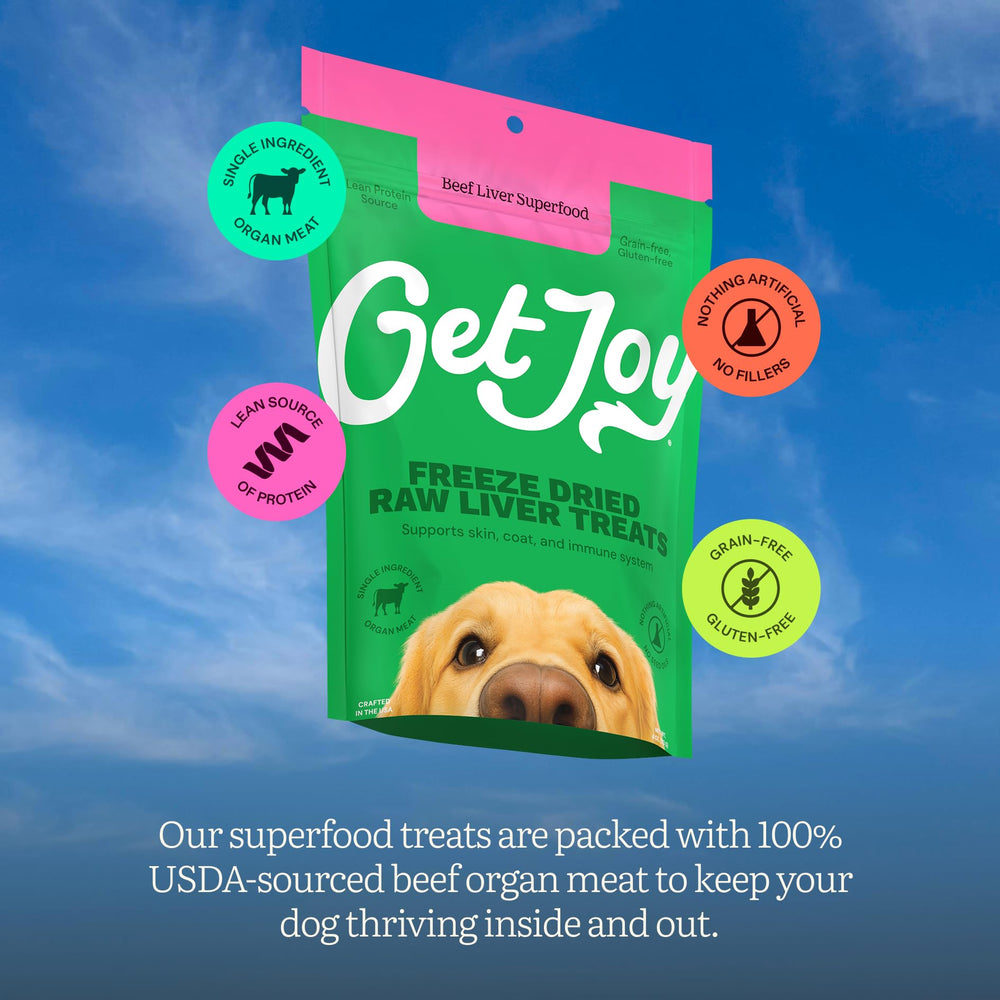Get Joy beef liver dog treats shown broken into smaller pieces.