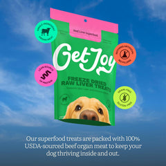 Get Joy beef liver dog treats shown broken into smaller pieces.