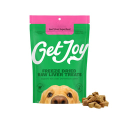 Get Joy beef liver dog treats shown with the front of the package.