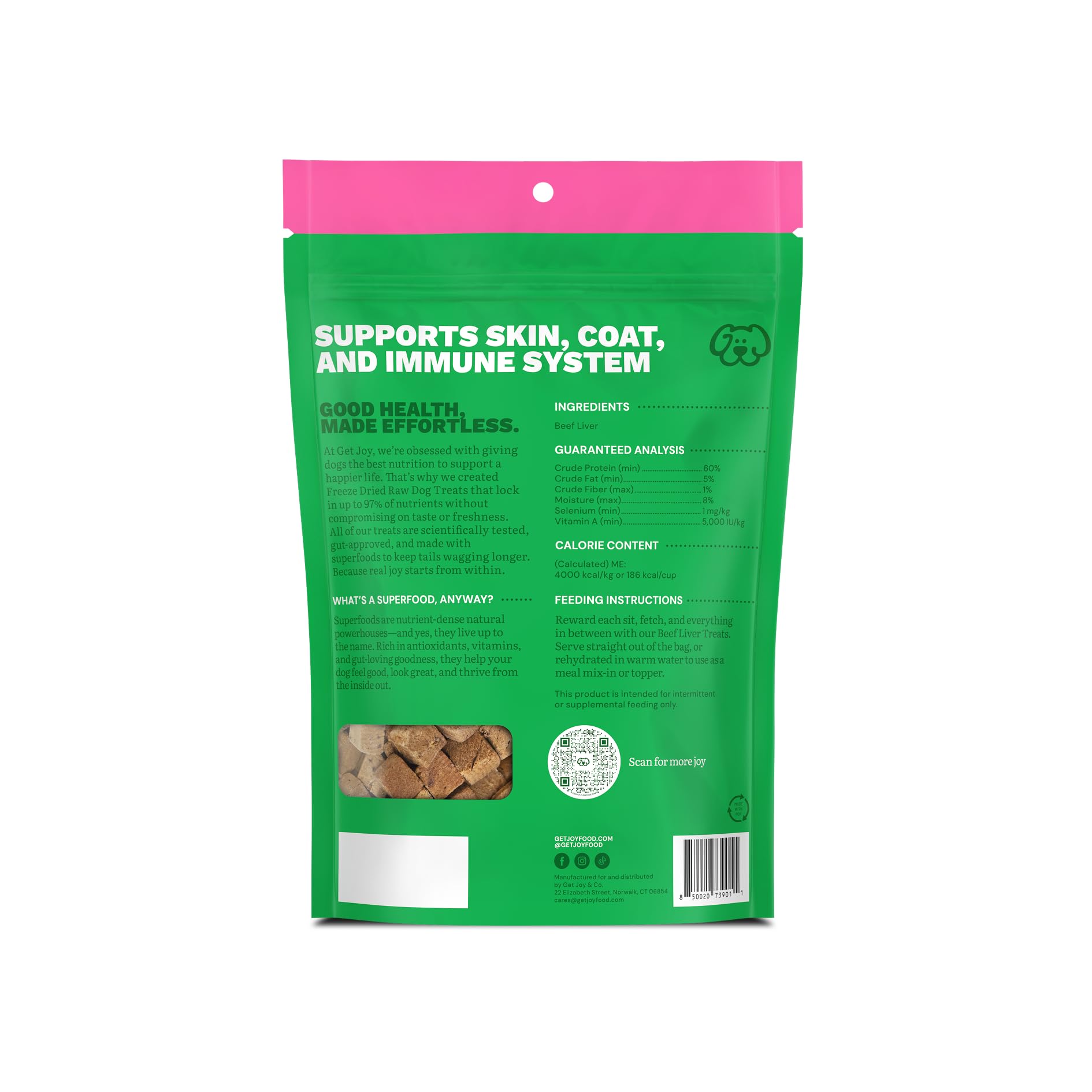 Get Joy beef liver dog treats shown in a close-up of the freeze-dried pieces.