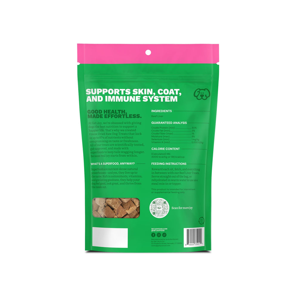 Get Joy beef liver dog treats shown in a close-up of the freeze-dried pieces.