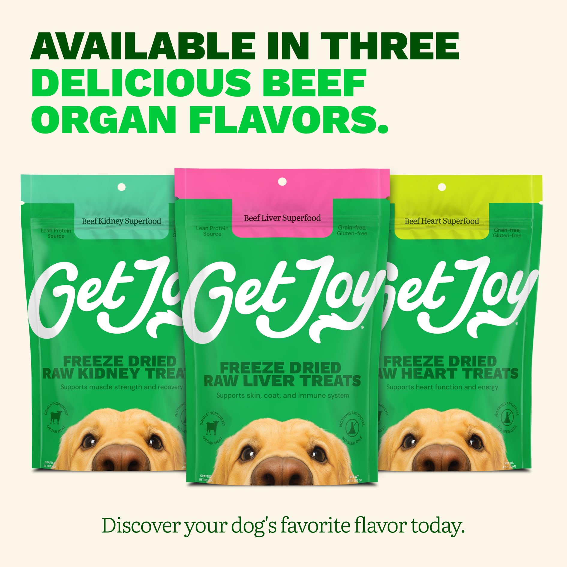 Get Joy beef liver dog treats shown with the resealable bag open.