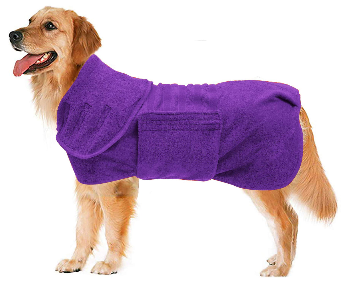 Geyecete dog drying coat shown from the front in purple.