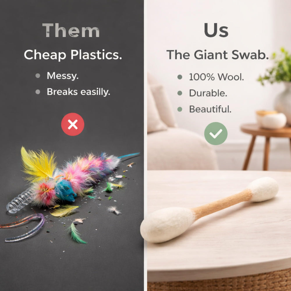 Glaciart One Giant Swab cat toy shown during small dog play.