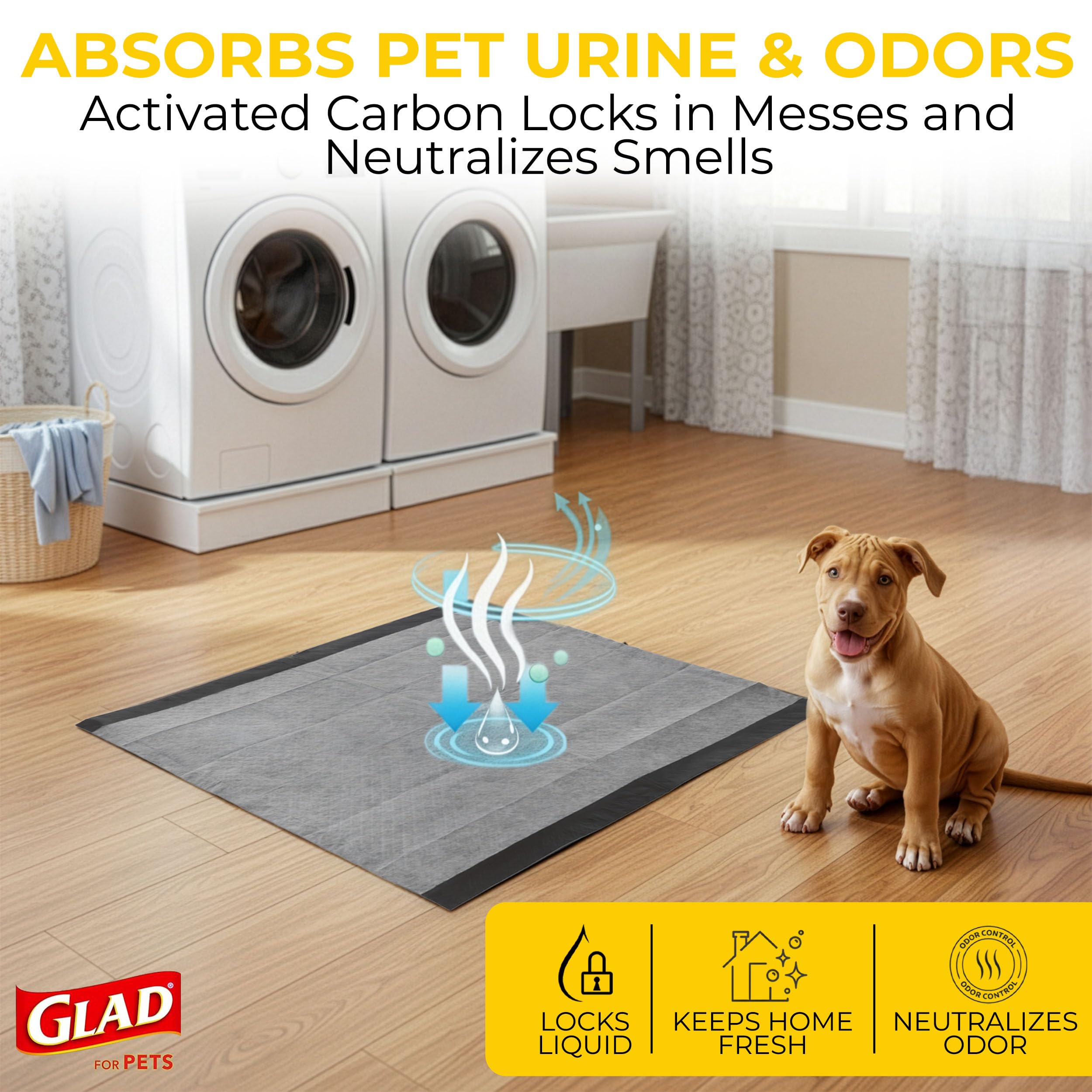 Glad for Pets puppy pads highlighting activated carbon odor control.