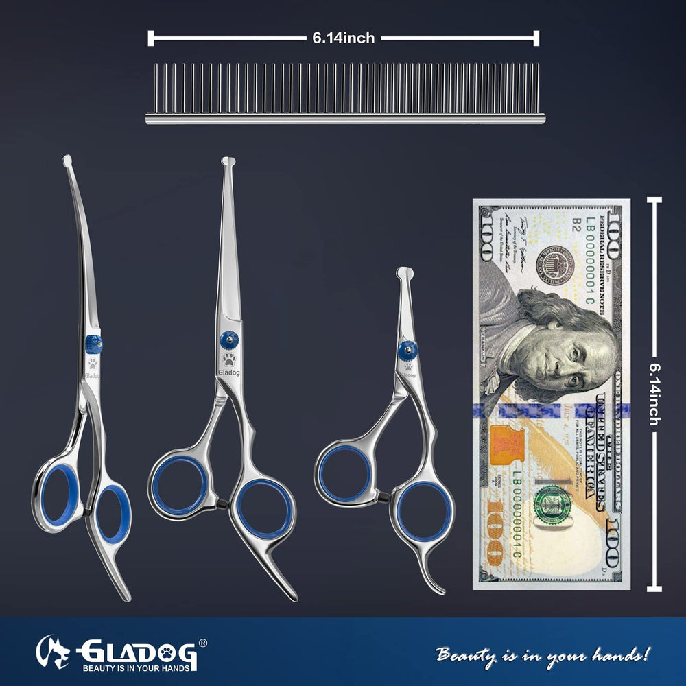 GLADOG dog grooming scissors kit with the pet comb and cleaning cloth.