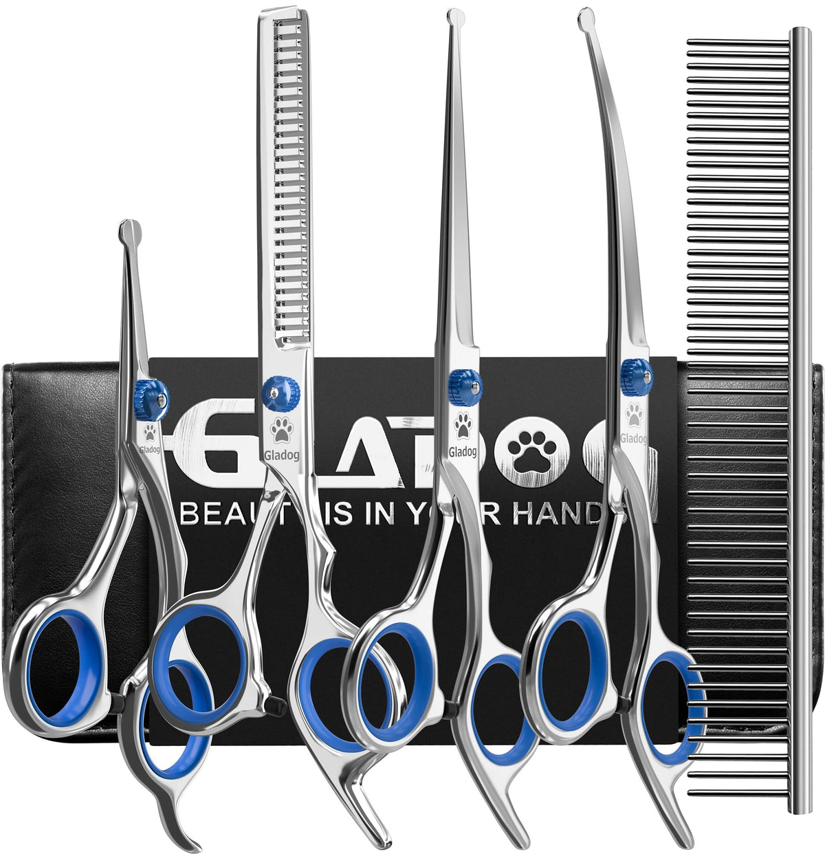 GLADOG dog grooming scissors kit shown from the front with its included grooming tools.