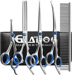 GLADOG dog grooming scissors kit shown from the front with its included grooming tools.