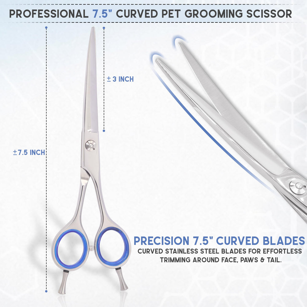 GLORY dog grooming scissors close-up showing the curved stainless steel blades.