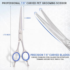 GLORY dog grooming scissors close-up showing the curved stainless steel blades.