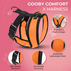 Gooby Comfort X dog harness close-up showing its X-shaped chest frame.