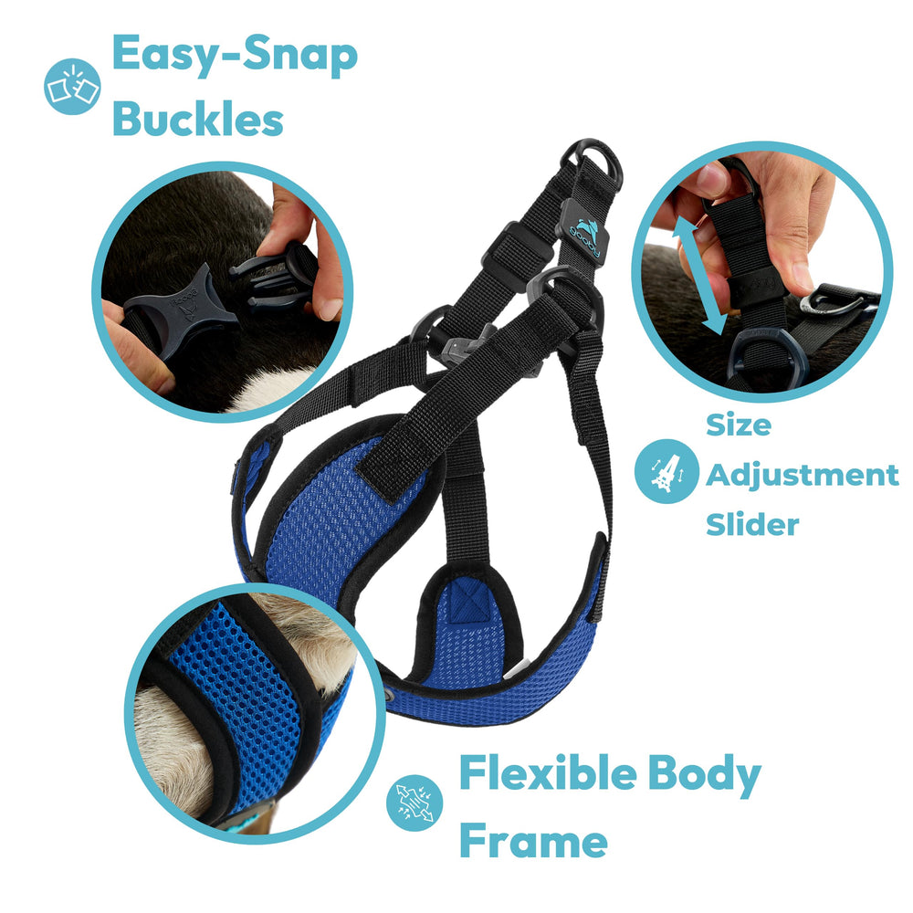 Gooby Comfort X Step-in Lite Harness detail showing the quick-release buckle.