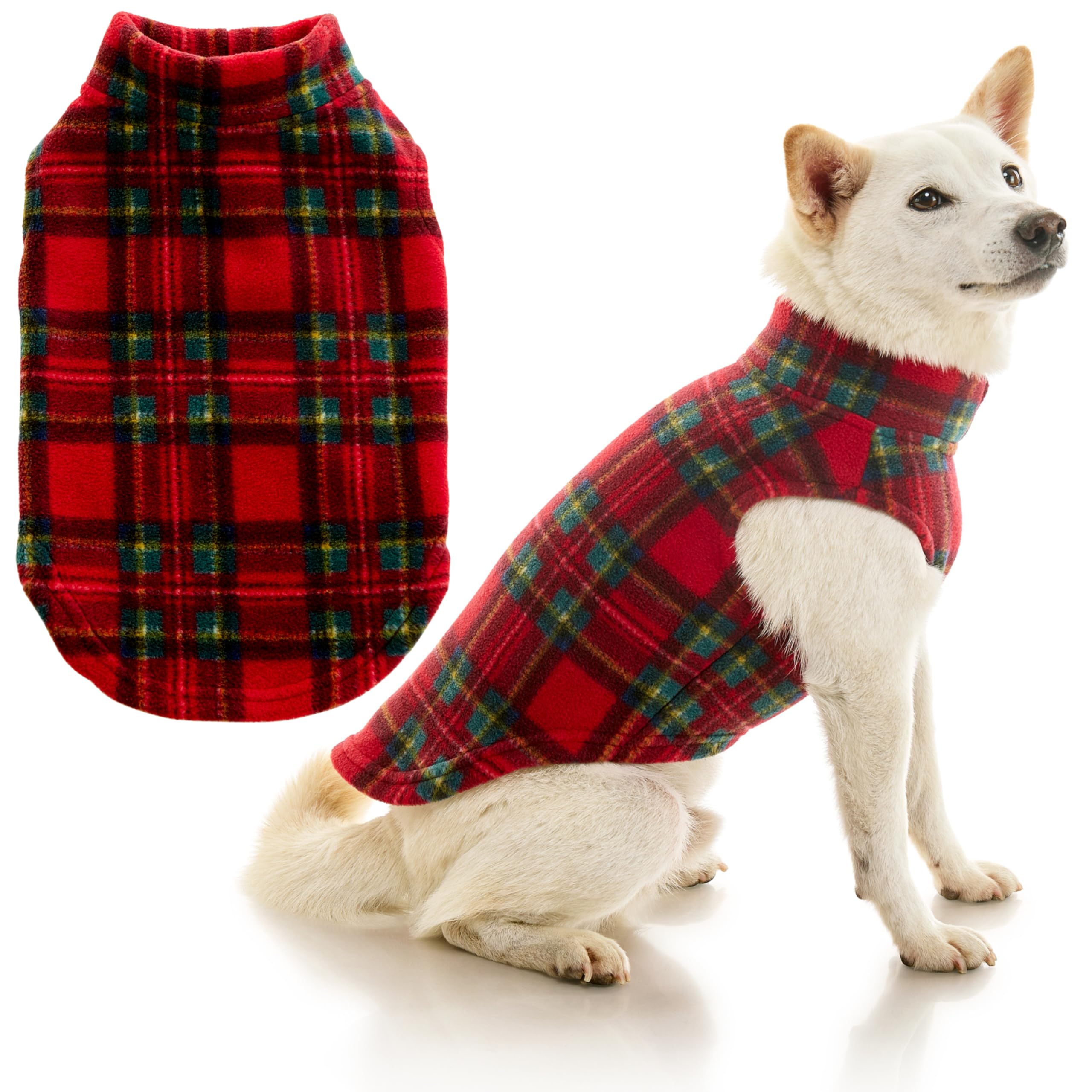 Gooby stretch fleece dog vest shown from the front in plaid red.