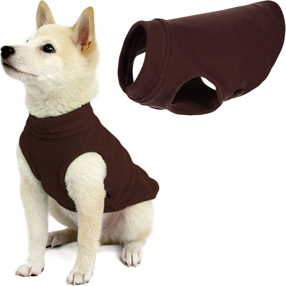 Gooby Stretch Fleece Vest Dog Sweater shown from the front in brown.