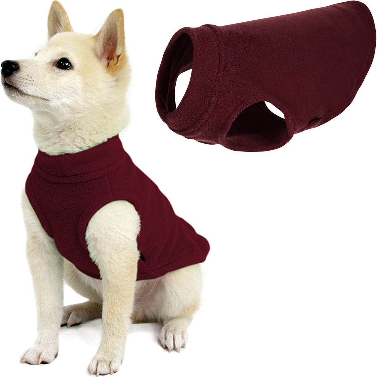 Gooby Stretch Fleece Vest Dog Sweater shown from the front in burgundy.