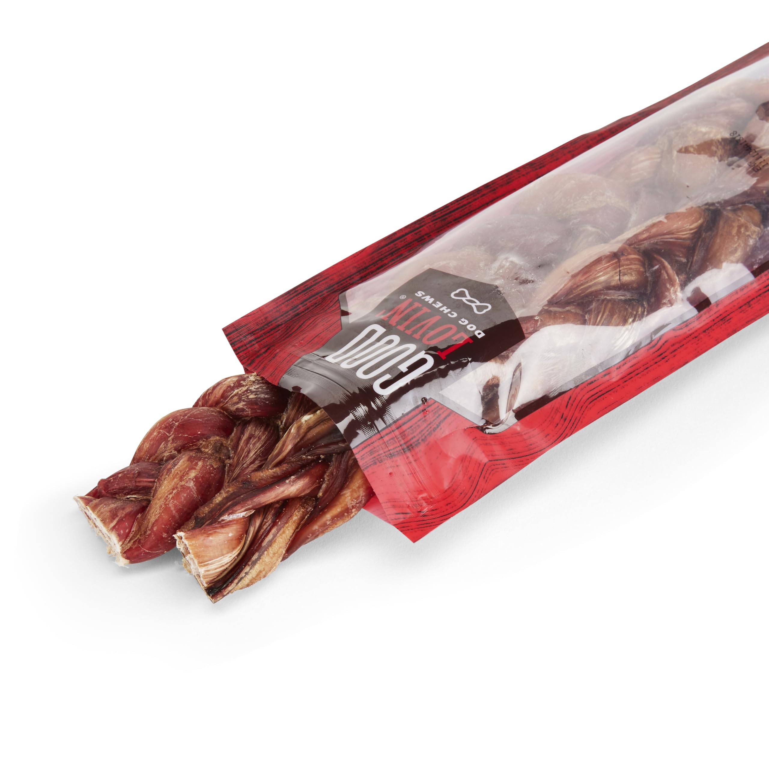 Good Lovin' Braided Bully Stick Dog Chew with a close-up of its texture.
