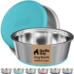 GORILLA GRIP Dog Bowl Set showing the pair of turquoise bowls from the front.