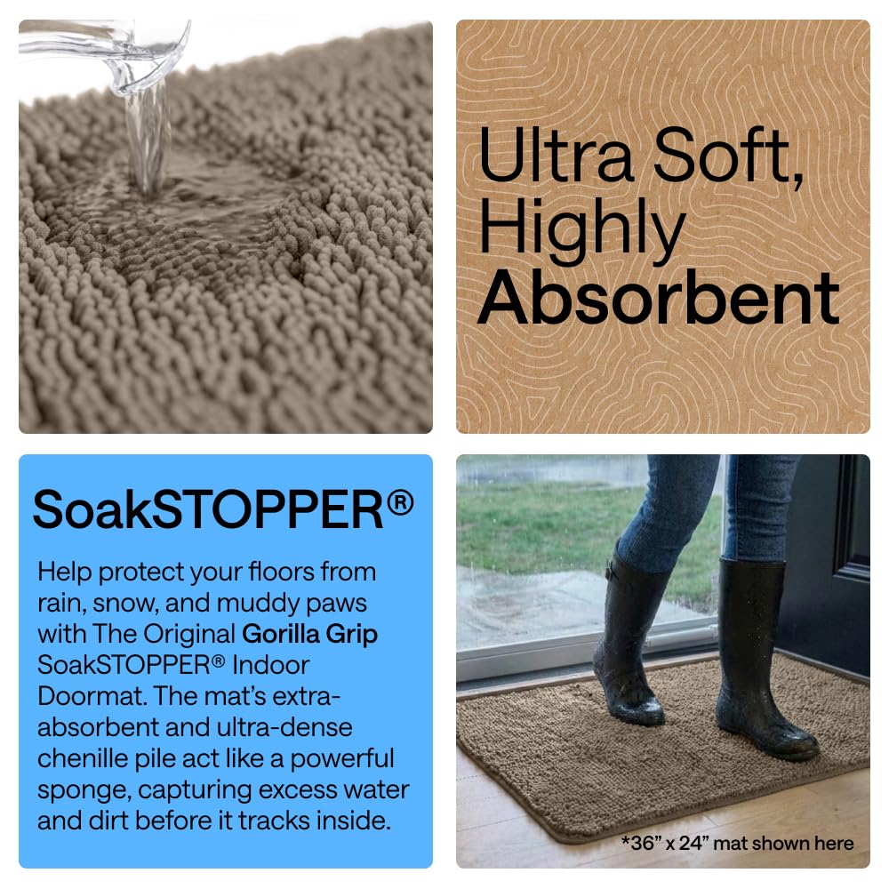 GORILLA GRIP SoakSTOPPER indoor door mat placed where muddy paws come inside.