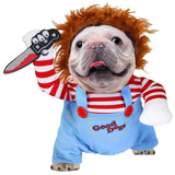 GOYOSWA dog Halloween costume set showing the outfit, brown wig, and knife prop.