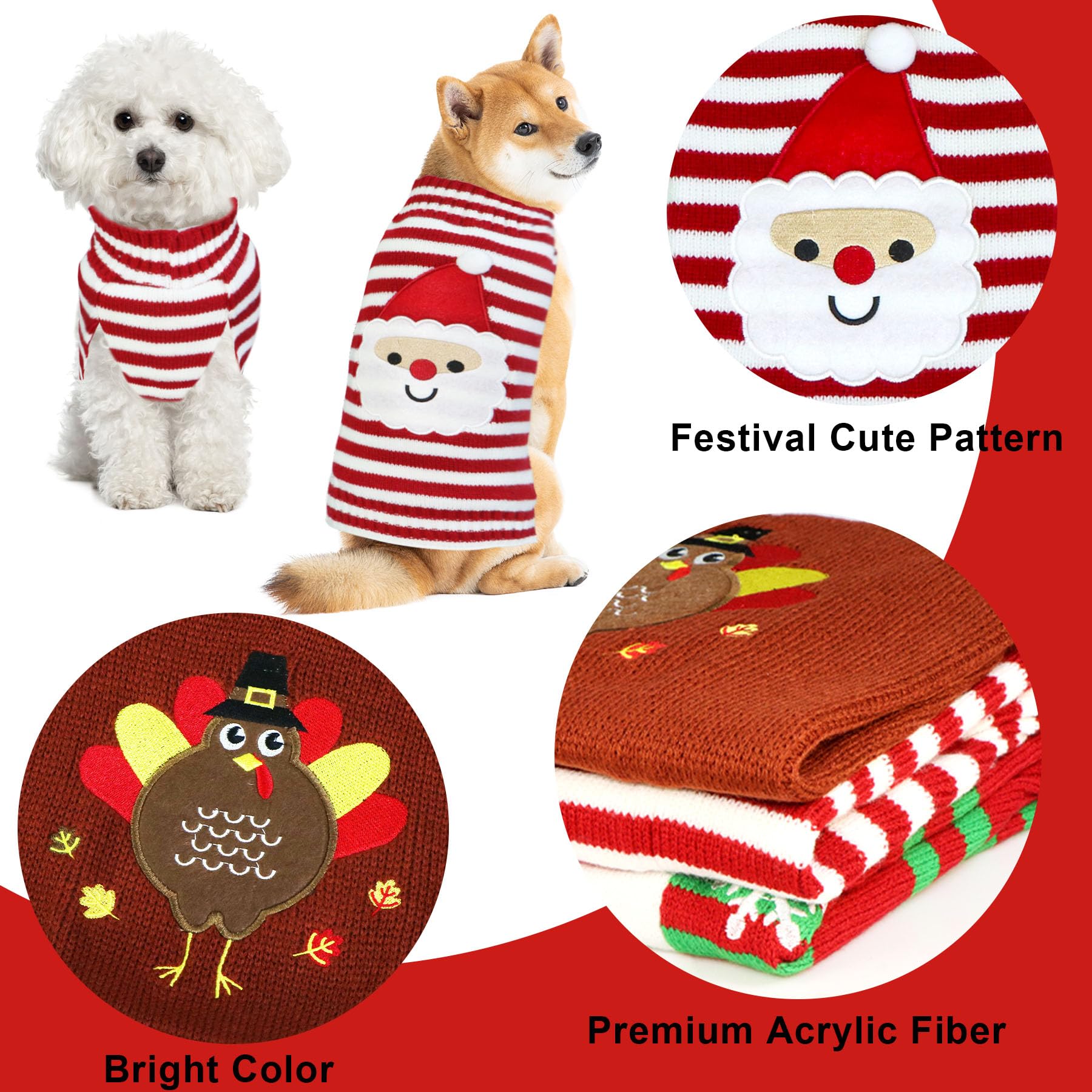 GOYOSWA dog holiday sweater set with turkey, Santa and snowman sweaters.