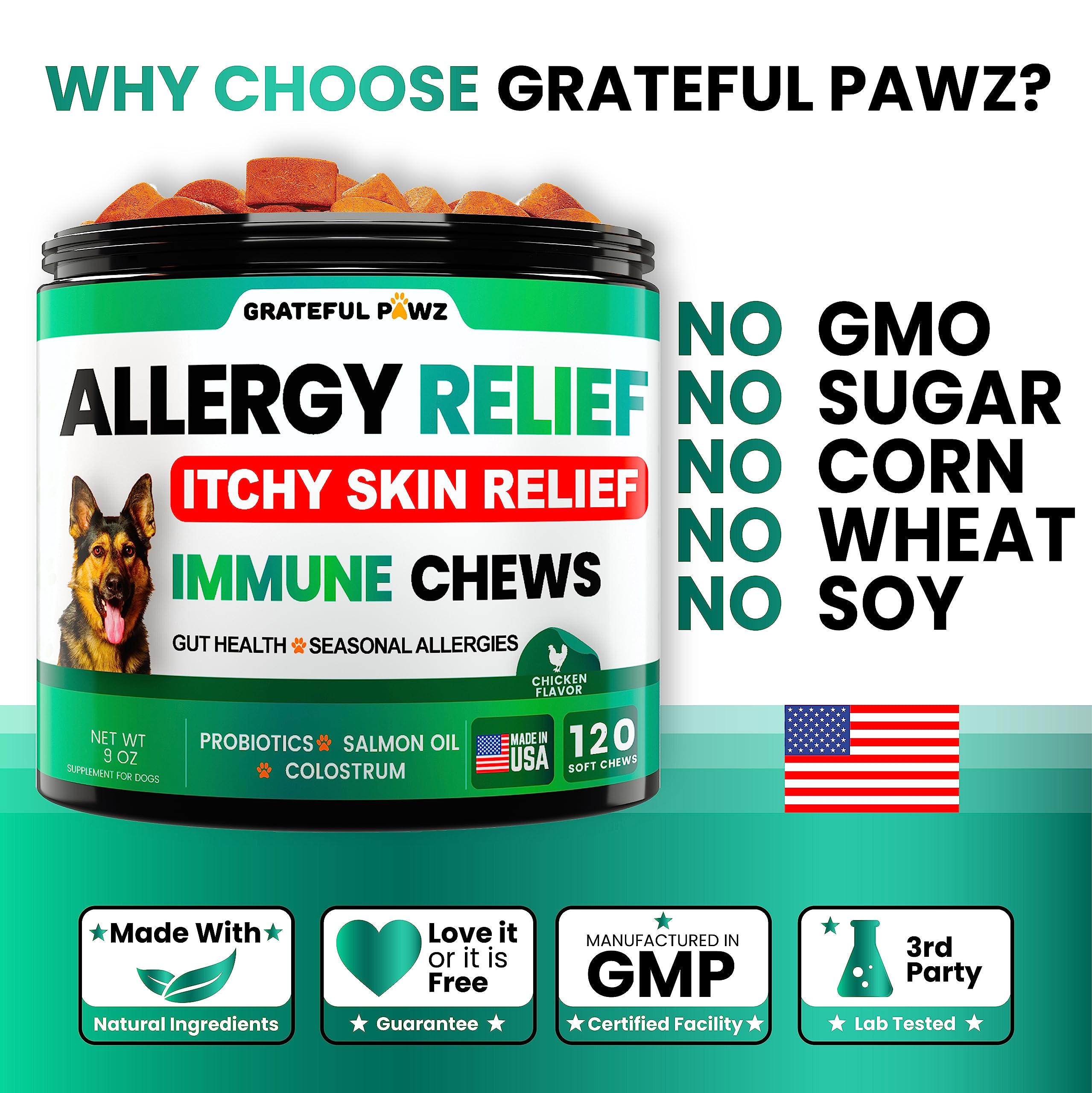 Grateful Pawz Dog Allergy Relief Chews highlighting quercetin and salmon oil with omega-3 fatty acids.