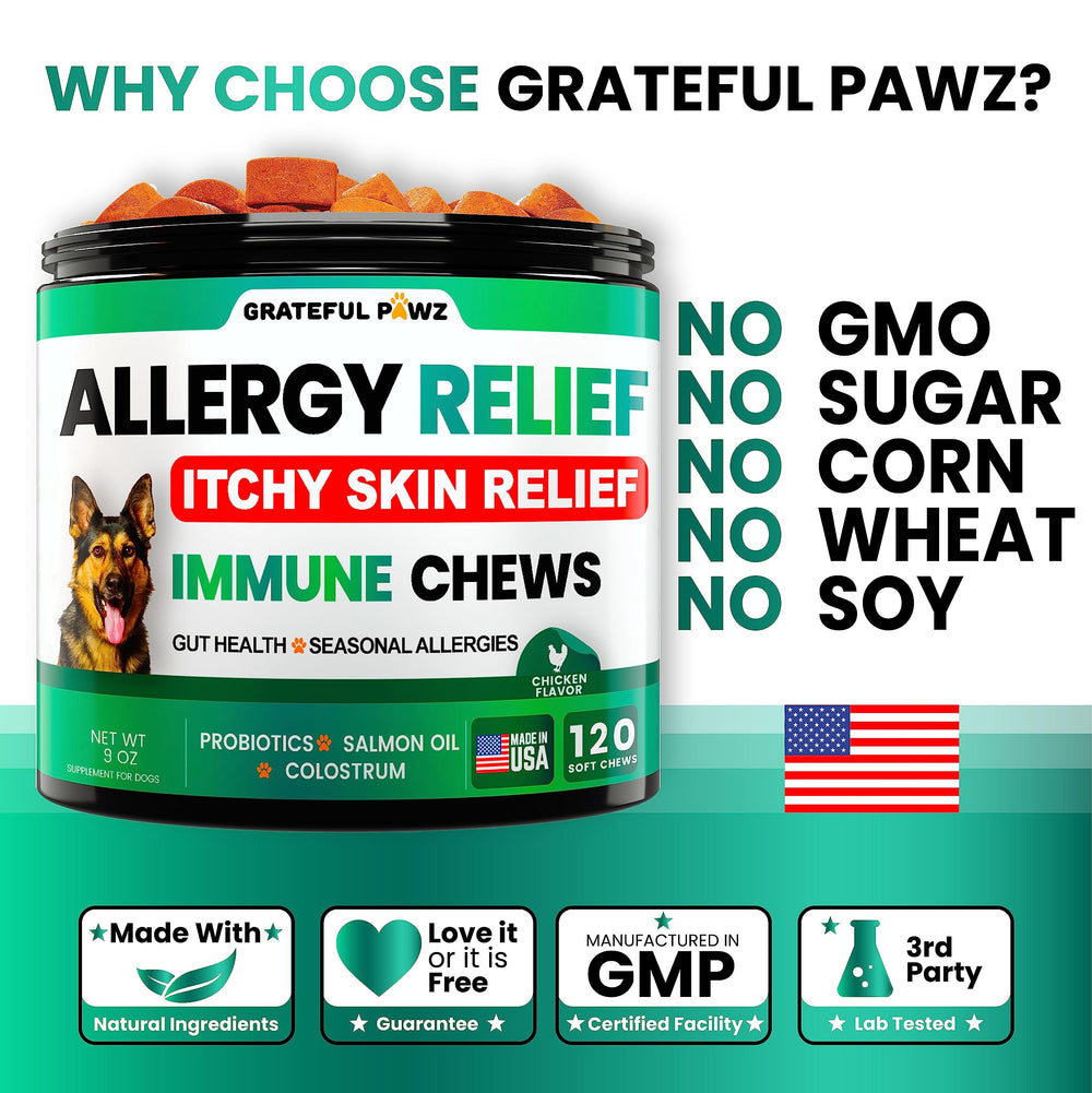 Grateful Pawz Dog Allergy Relief Chews highlighting quercetin and salmon oil with omega-3 fatty acids.