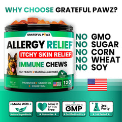 Grateful Pawz Dog Allergy Relief Chews highlighting quercetin and salmon oil with omega-3 fatty acids.
