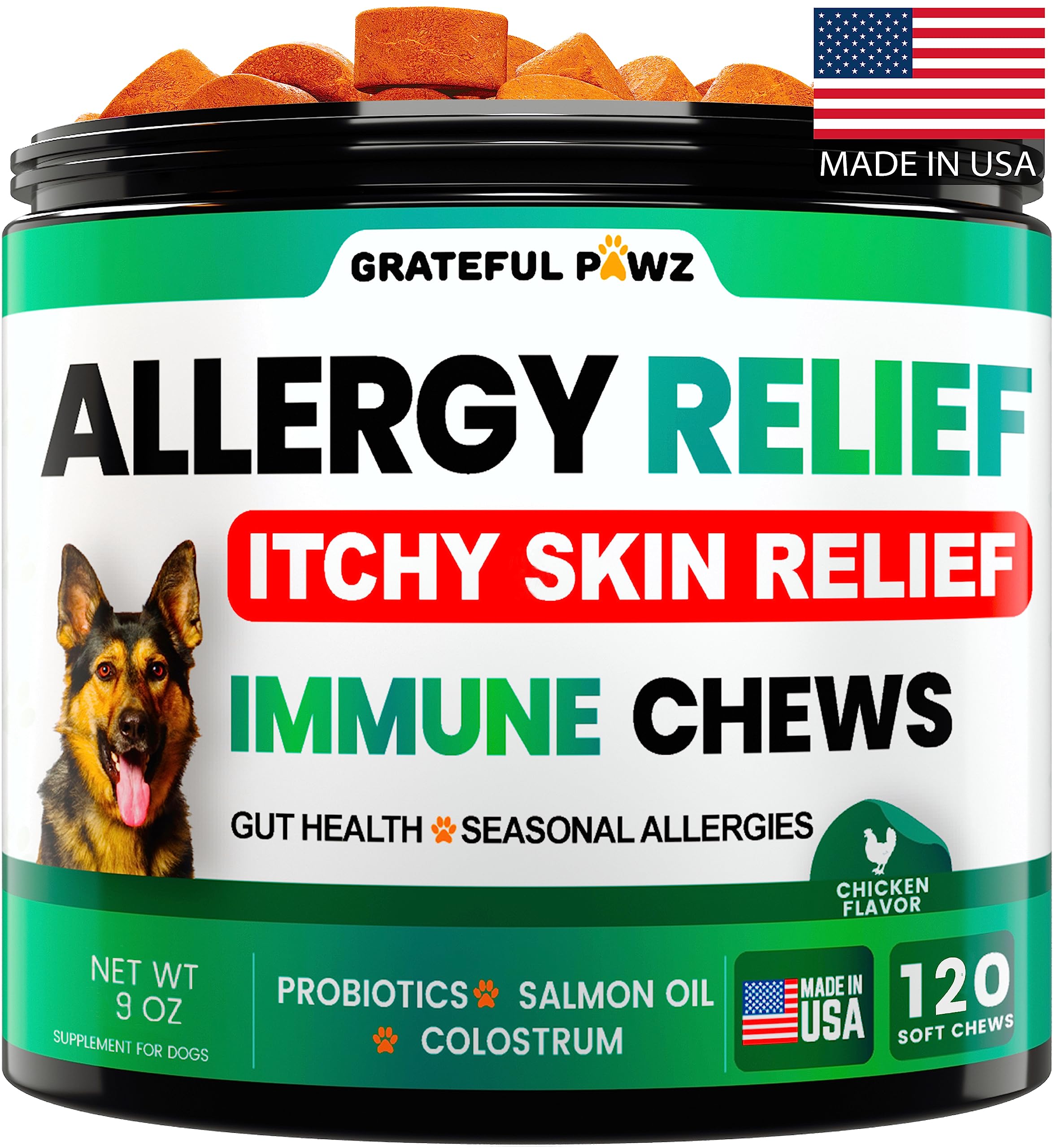 Grateful Pawz Dog Allergy Relief Chews shown in a front-facing product view.