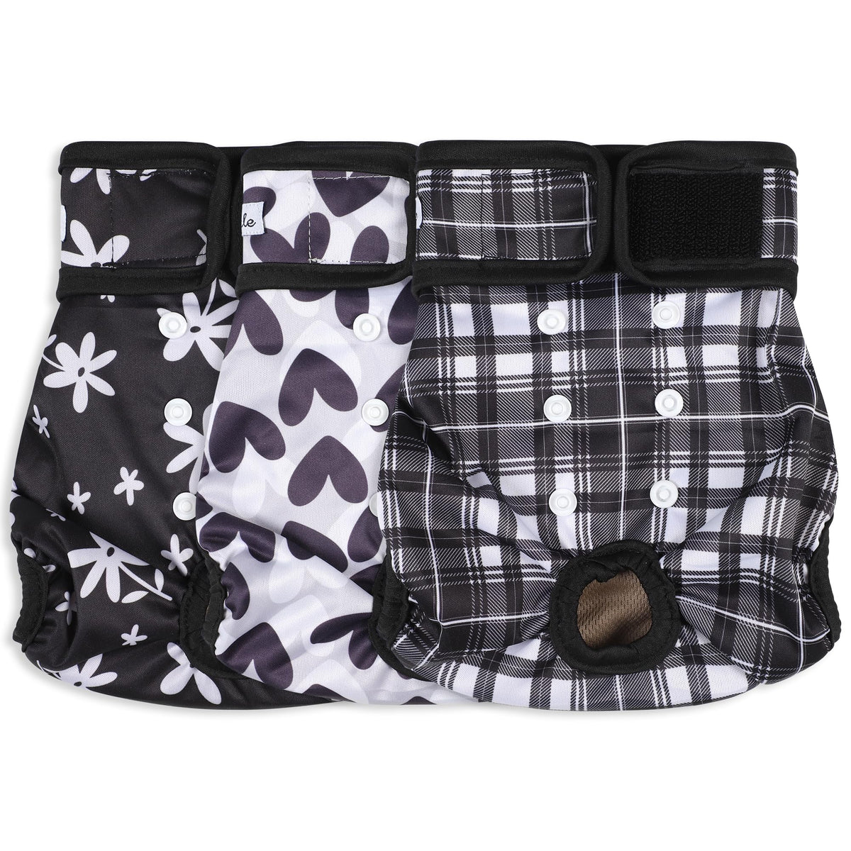 Grecle female dog diaper shown from the front in black.