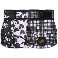 Grecle female dog diaper shown from the front in black.