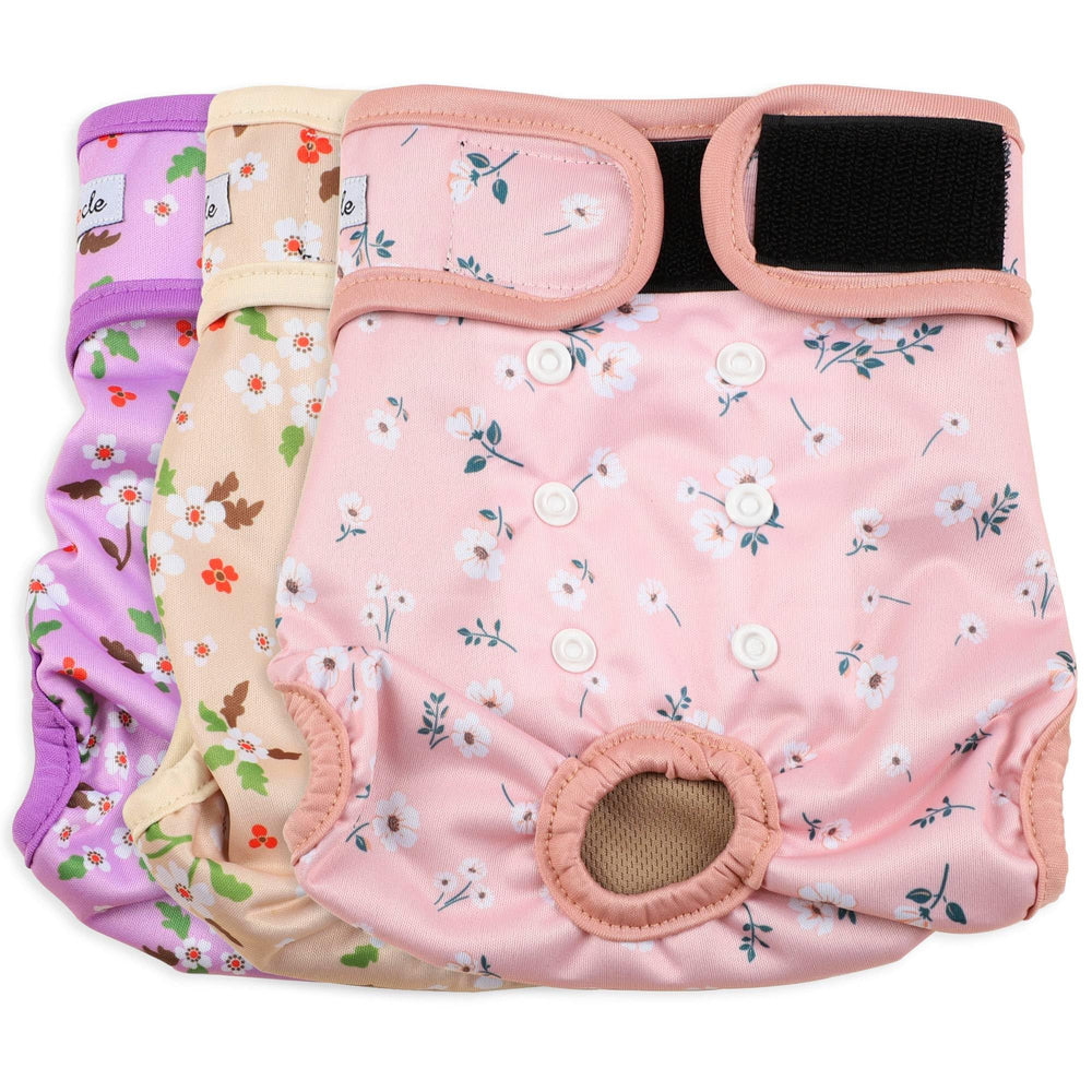 Grecle female dog diapers shown from the front in a floral design.