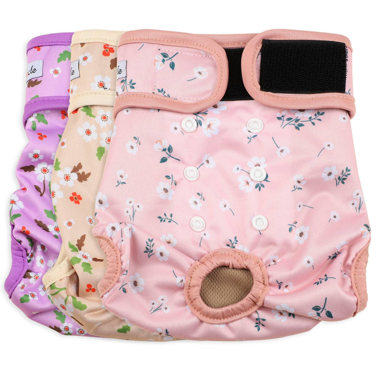 Grecle female dog diapers shown from the front in a floral design.