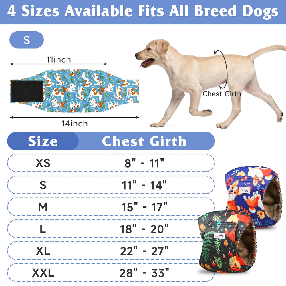 Grecle male dog belly bands displayed in different patterns.
