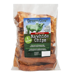 GreenCow Rawhide Chips shown with the bag and chews.