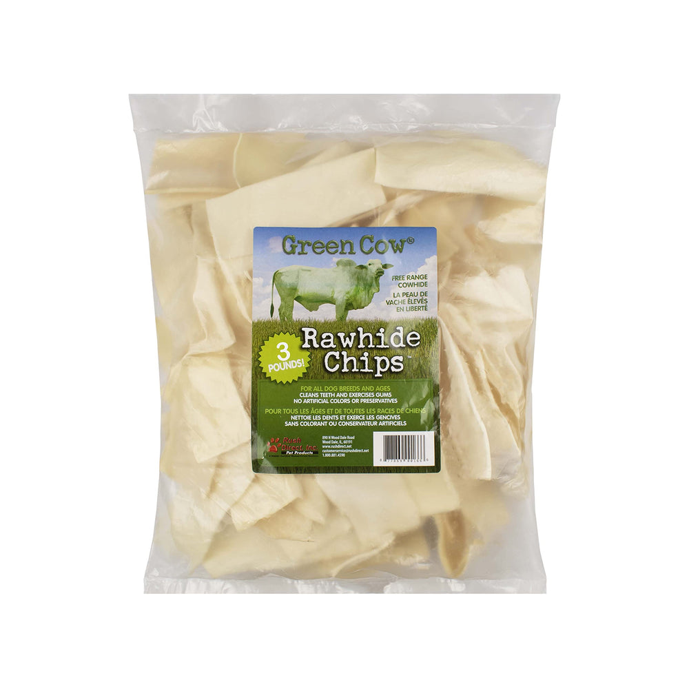GreenCow Rawhide Chips 3-pound bag shown from the front.