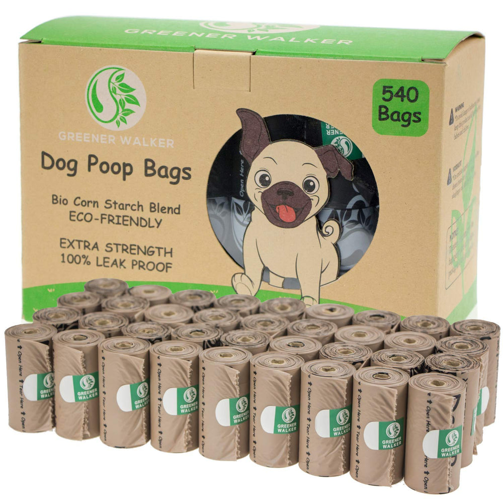 GREENER WALKER dog waste bags shown with the front of the package.