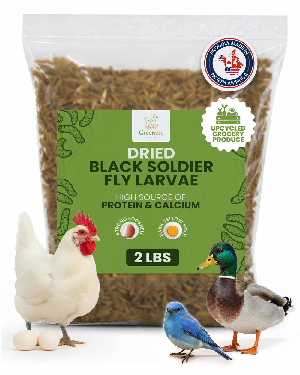 Greenest treats Black Soldier Fly Larvae shown as a dried treat for animals.