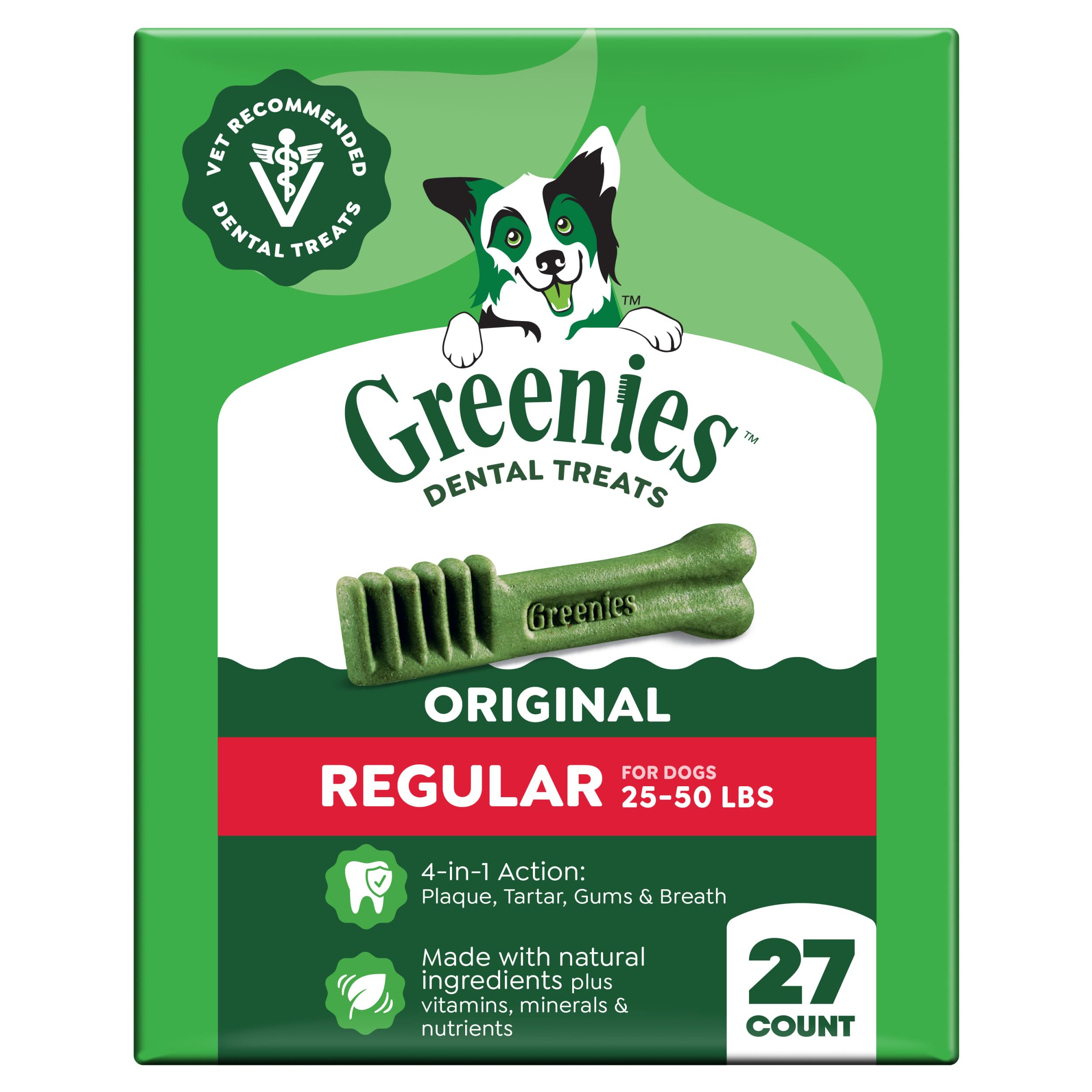 Greenies Regular Dental Dog Treats package shown from the front.
