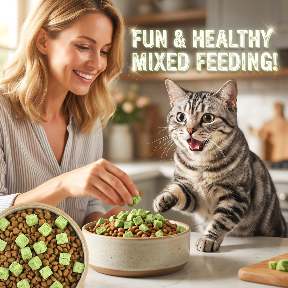 A cat enjoying GREMBEB Cat Grass Treat.