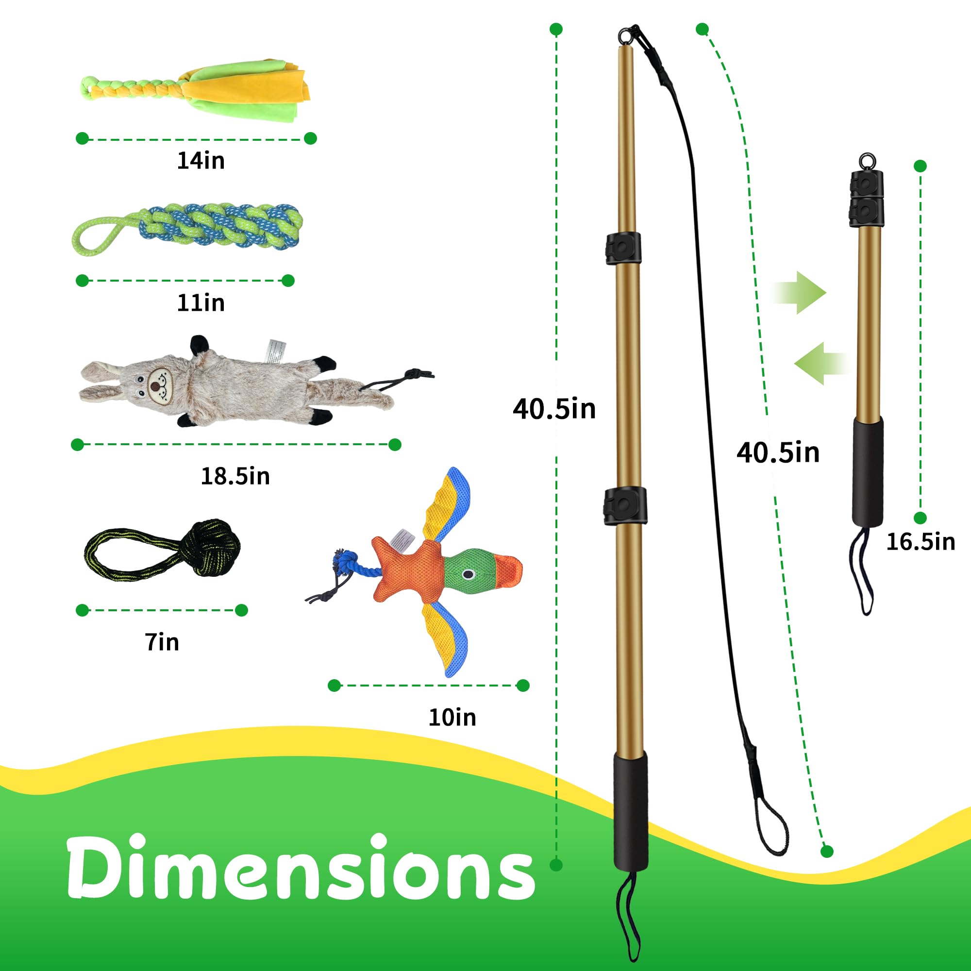 GRETMIX dog flirt pole showing the adjustable rod and attached rope.