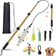 GRETMIX dog flirt pole shown from the front with its teaser wand and lure.