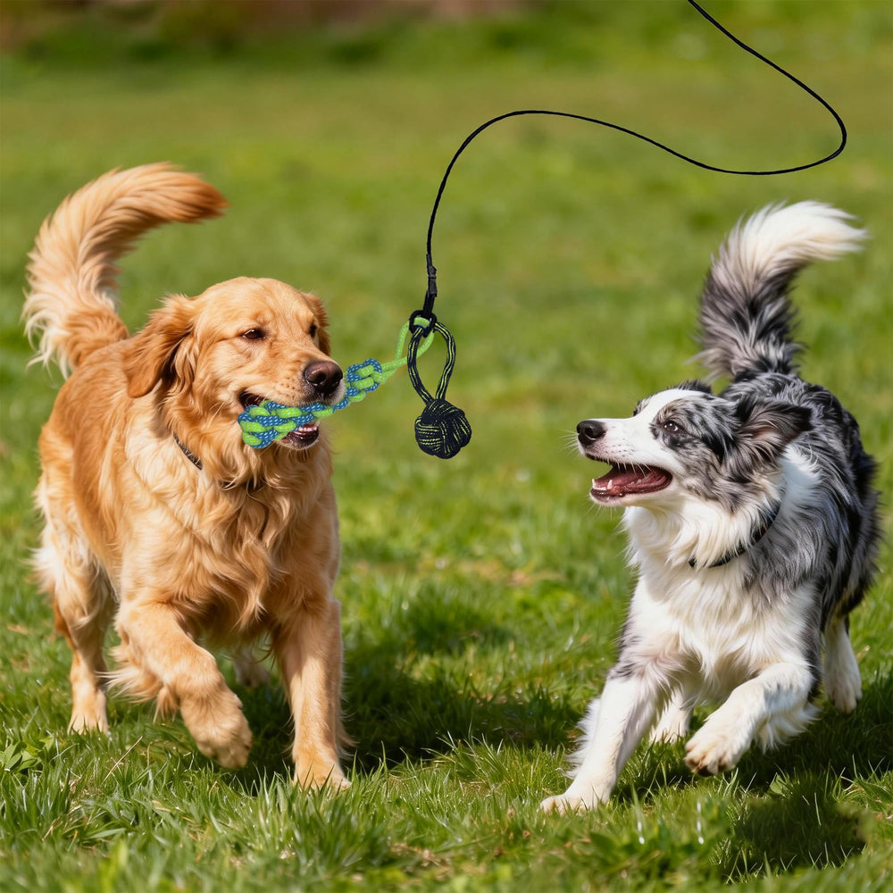 GRETMIX dog flirt pole kit contents, including the plush toy, ropes and packaging bag.