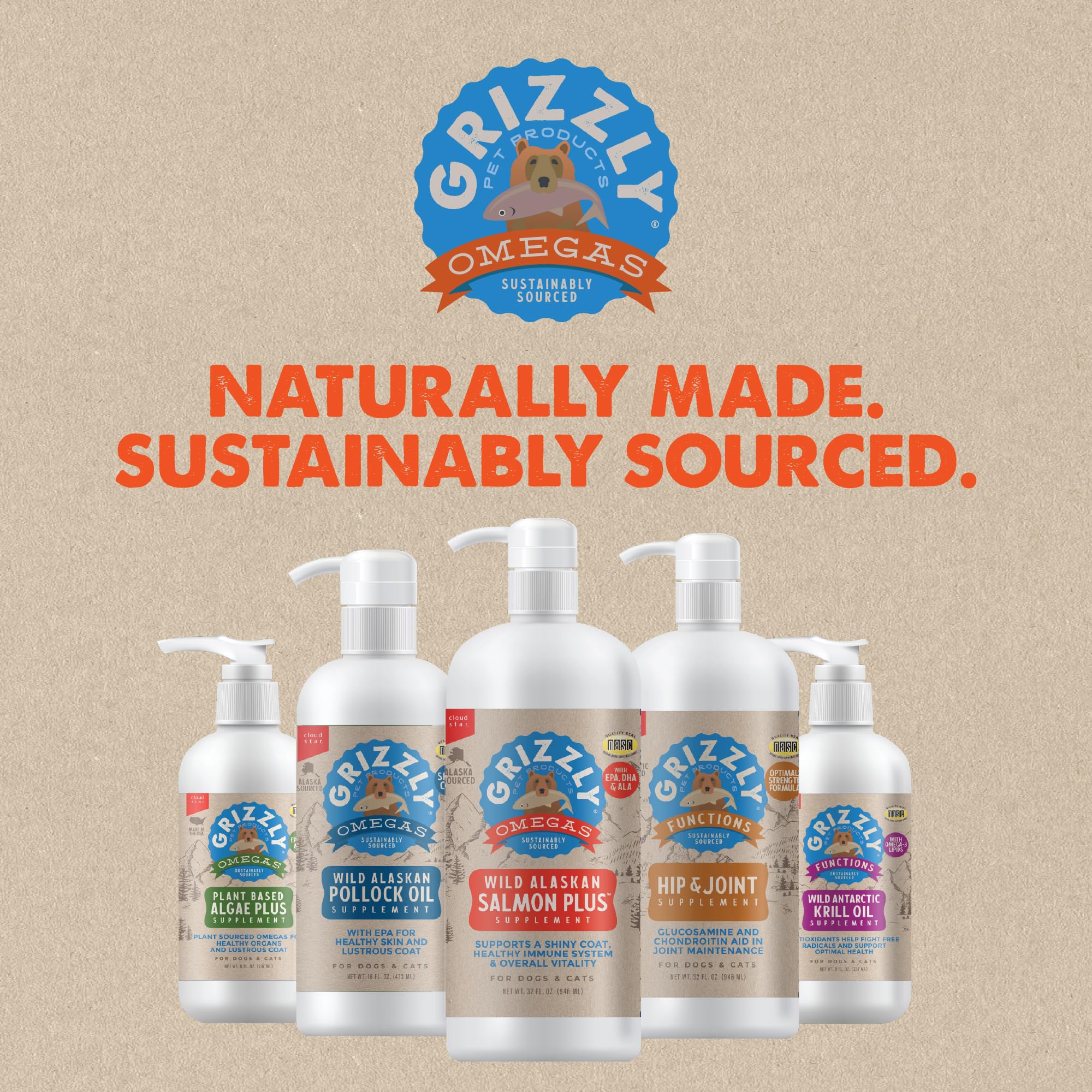 GRIZZLY PET PRODUCTS Salmon Plus bottle shown as an 8-ounce size.