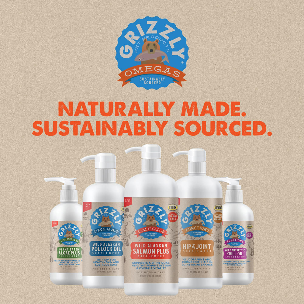 GRIZZLY PET PRODUCTS Salmon Plus bottle shown as an 8-ounce size.