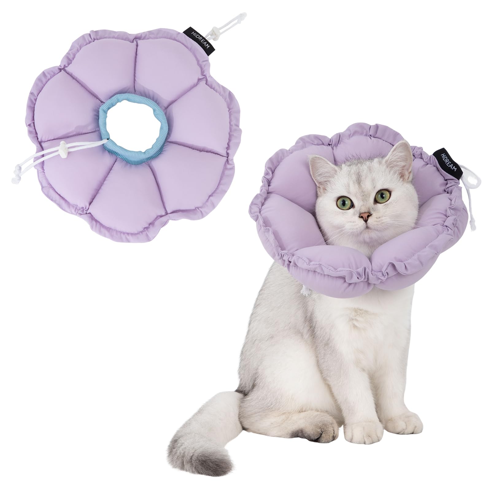 H HIDREAM cat cone collar shown from the front with its purple flower design.