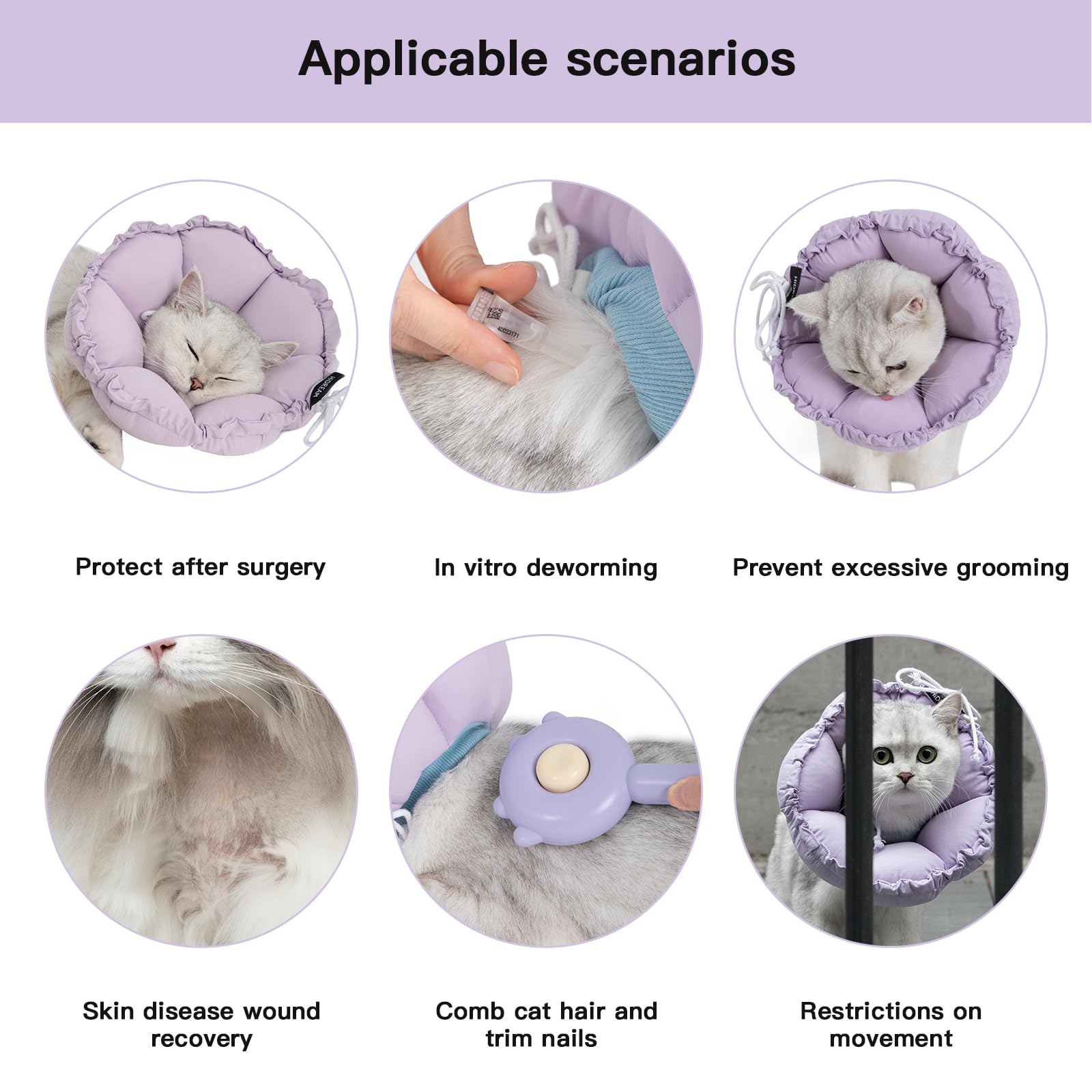 H HIDREAM cat cone collar displaying its purple flower pattern.