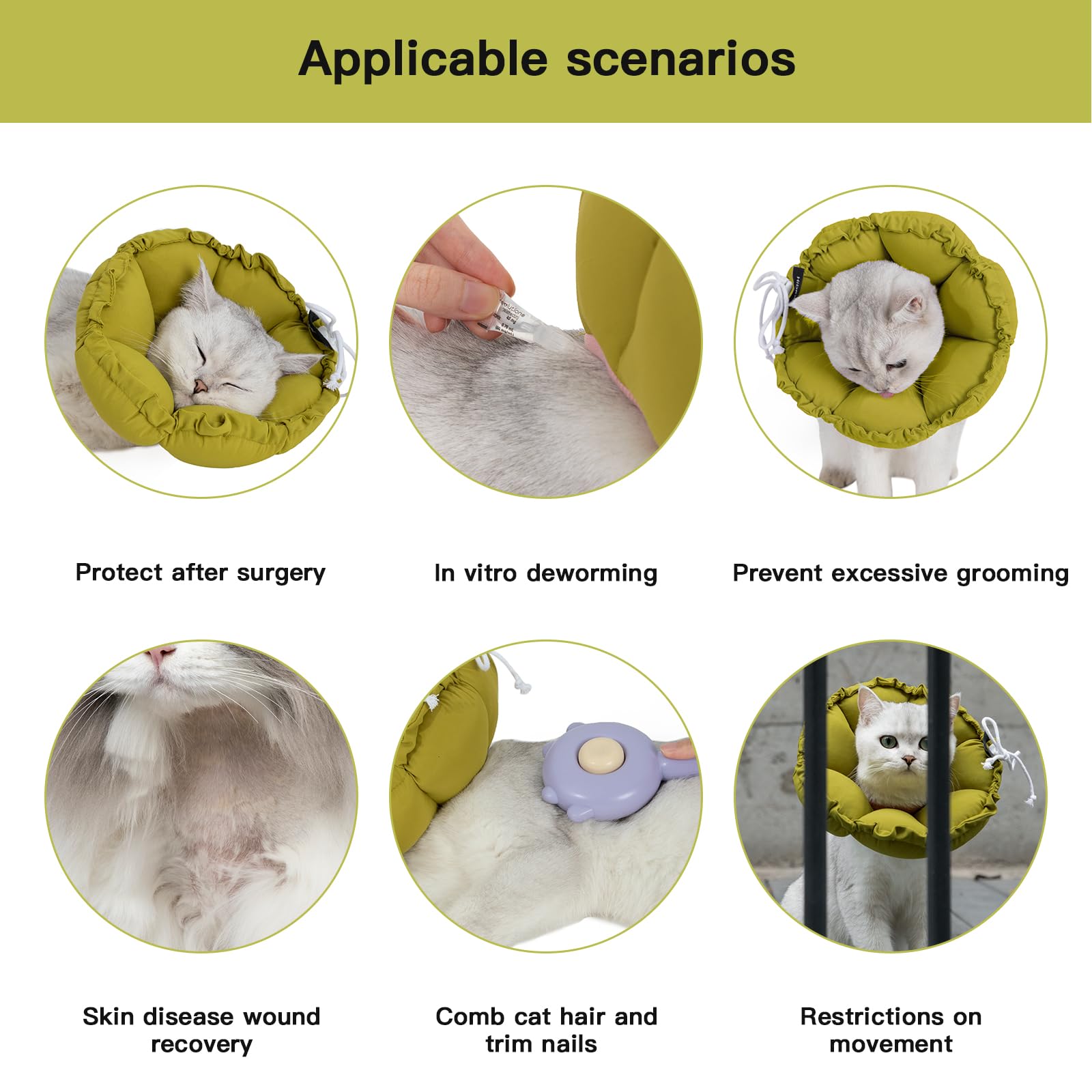 H HIDREAM cat cone shown worn by a cat for recovery coverage.