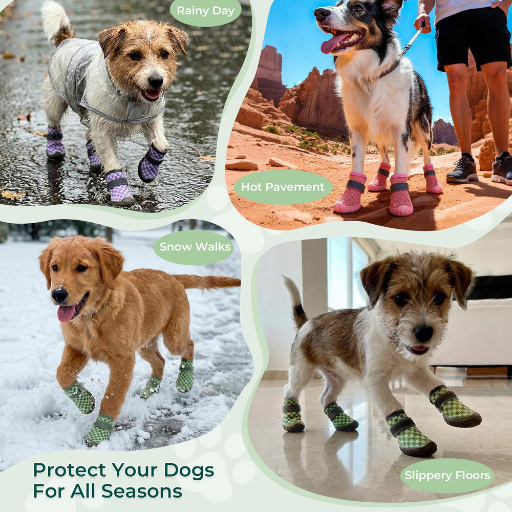 Haloumoning dog boots with their adjustable hook-and-loop straps.
