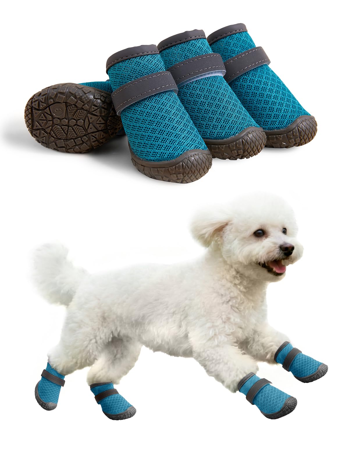 Haloumoning dog boots in blue shown from the front.