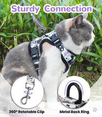 Halypet cat harness detail showing reflective strips across the vest.